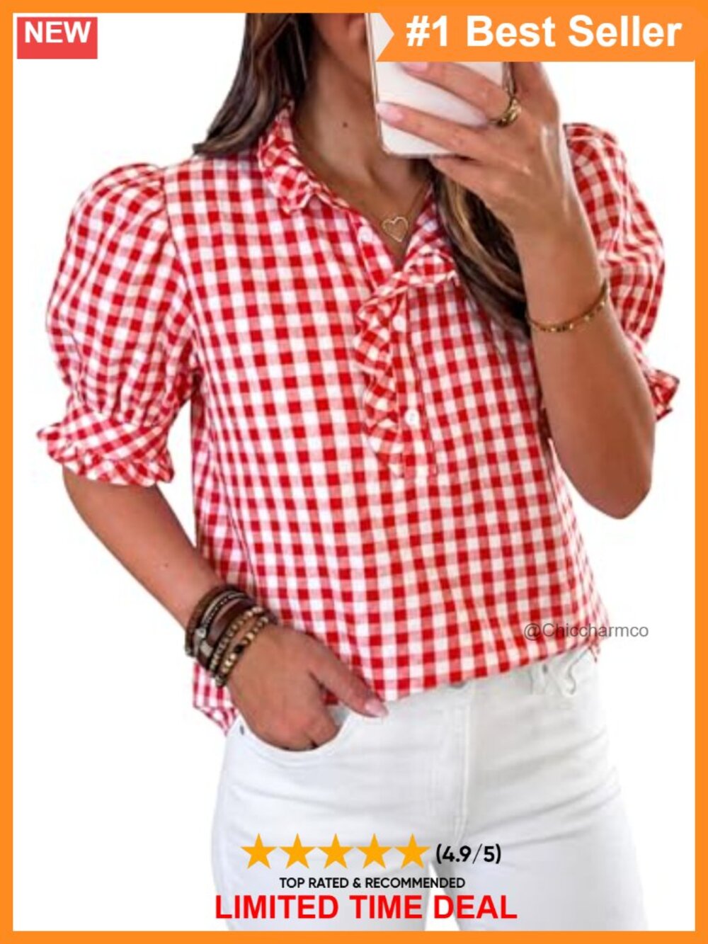 Womens Gingham Puff Sleeve V Neck Ruffle Button Blouse